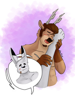 anthro antlers band-aid_on_cheek bare_chest beard blush canon_couple duo eyebrows facial_hair feet foot_fetish foot_play foot_rub happy horn male male/male thick_eyebrows conditional_dnp gearfox98 francis_(gearfox98) hector_(gearfox98) arctic_hare deer hare lagomorph leporid mammal absurd_res digital_media_(artwork) hi_res
