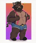 anthro bottomwear brown_body bulge clothing hat headgear headwear hooves male nipples one_eye_closed shorts slightly_chubby solo suspenders wink 06junior11 mammal suid suina sus_(pig) wild_boar 2023 hi_res