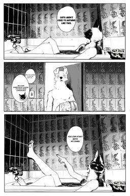 ambiguous_gender anthro bathing bathroom bathtub bored dialogue duo feet flustered foot_fetish humor male male/male pawpads plantigrade plantigrade_pawpads pointing_at_foot suggestive text sgawd0g canid canine canis domestic_cat domestic_dog felid feline felis mammal siamese_cat comic english_text hi_res