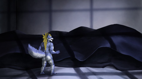anthro bdsm black_briefs black_clothing black_underwear blonde_hair blue_body blue_fur bondage bound briefs butt clothing fur hair male micro muscular muscular_male nude rope shrinking_out_of_clothes solo underwear oddeyresproductions lifewonders tokyo_afterschool_summoners fenrir_(tas) canid canine canis mammal wolf 16:9 4k absurd_res hi_res widescreen