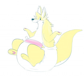 ambiguous_gender anthro arms_bent big_diaper black_nose blush blush_lines clothed clothing diaper diaper_only fur gesture head_tuft huge_diaper inner_ear_fluff looking_back multicolored_body multicolored_fur one_eye_obstructed pawpads pink_pawpads shrug side_view simple_background sitting smile solo tail teeth topless tuft two_tone_body two_tone_fur two_tone_tail wearing_diaper white_background white_body white_diaper white_fur white_inner_ear white_inner_ear_fluff white_tail yellow_body yellow_fur yellow_tail fang29 fang29_(character) canid canine canis domestic_dog hybrid kangaroo macropod mammal marsupial 2015 full-length_portrait portrait