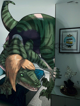 blonde_hair claws dissolving_clothing feral green_eyes growth hair inside long_hair macro male mid_transformation pupils scale_growth scales sharp_teeth sickle_claw slit_pupils solo striped_body stripes teeth toe_claws transformation wheatart dinosaur dromaeosaurid human mammal prehistoric_species reptile saurischian scalie theropod hi_res watermark