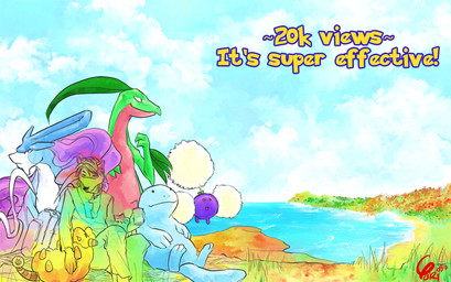 ambiguous_gender anthro beverage blue_body blue_sky bottomwear clothed clothing cloud day detailed_background feral fur grass green_body group hair holding_beverage holding_object male outside pants plant shirt sky text topwear water yellow_text yuki-chi nintendo pokemon canid canine generation_2_pokemon generation_3_pokemon grovyle jumpluff legendary_pokemon mammal mareep pokemon_(species) quagsire suicune 2009 english_text painting_(artwork) shaded watercolor_(artwork)
