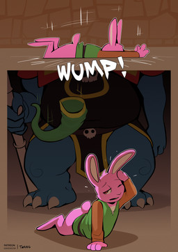 anthro barefoot biped blue_body bottomless clothed clothing duo feet fingers fur green_clothing green_shirt green_topwear green_tunic lying male on_front open_mouth pink_body pink_fur pink_tail red_eyes shadow shirt short_tail tail topwear tunic twang nintendo the_legend_of_zelda ganon link_(rabbit_form) lagomorph leporid mammal rabbit comic hi_res shaded