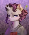 abstract_background accessory alternate_hairstyle asian_clothing blue_eyes clothed clothing east_asian_clothing female feral fully_clothed fur hair hair_accessory horn japanese_clothing kanzashi kimono looking_at_viewer purple_hair solo white_body white_fur mrs1989 friendship_is_magic hasbro my_little_pony mythology rarity_(mlp) equid equine mammal mythological_creature mythological_equine unicorn 2016 hi_res