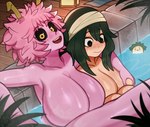 arm_around_shoulders big_breasts breast_grab breasts cleavage clothed clothing duo female female/female green_hair hair hand_on_breast horn huge_breasts nervous not_furry nude partially_submerged pink_body pink_hair sitting smile water melonpuff my_hero_academia ashido_mina asui_tsuyu horned_humanoid human humanoid mammal absurd_res hi_res