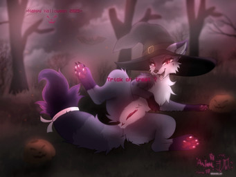 anus bodily_fluids clothing dialogue female feral food fruit fur genitals grass hat headgear headwear holidays humanoid_genitalia humanoid_genitalia_on_feral humanoid_vulva humanoid_vulva_on_feral looking_at_viewer open_mouth pawpads paws plant presenting presenting_vulva pumpkin purple_body purple_fur saliva solo spread_legs spreading talking_to_viewer text tongue tongue_out tree vulva white_body white_fur witch_hat astralia halloween astralia_(character) bat canid canine canis fox hybrid mammal wolf english_text hi_res watermark