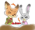 >.< anthro clothed clothing duo eating food fruit plant strawberry izumi_h27 disney zootopia judy_hopps nick_wilde canid canine fox lagomorph leporid mammal rabbit red_fox true_fox 2021