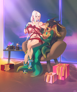 birthday birthday_cake blush box cake clothing container crossover_ship crown dessert duo female female/female food footwear gift gift_box gift_wrapped headgear high_heels interspecies on_lap shoes sitting sitting_on_lap split_form wrapped wrapped_up amaurymangaka league_of_legends metroid nintendo riot_games tencent nami_(lol) samus_aran aquatic human humanoid mammal merfolk 5:6 absurd_res crossover digital_media_(artwork) hi_res