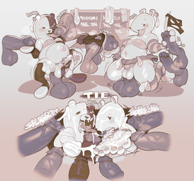 4_fingers anal anthro armwear biped black_body blush bodily_fluids bottomwear bukkake chastity_cage chastity_device circumcised clothed clothing competition condom condom_in_mouth cum cum_drip cum_everywhere cum_in_mouth cum_inside cum_on_face cum_on_hand disembodied_penis dripping duo_focus ear_piercing ear_ring erection fellatio femboy fingers flat_chastity_cage foreskin genital_fluids genitals group group_sex handjob humiliation legwear long_tongue male male/male messy mouth_hold navel object_in_mouth oral pattern_armwear pattern_clothing pattern_legwear paws penile penis piercing ring_piercing sex sex_toy sexual_barrier_device simple_background skirt sound_effects striped_armwear striped_clothing striped_legwear stripes submissive submissive_male sweat text tongue tongue_out tongue_piercing torn_clothing vein veiny_penis vibrator vibrator_on_penis wearing_chastity_cage wearing_chastity_device white_body submarine_screw danganronpa my_hero_academia spike_chunsoft monokuma principal_nezu bear mammal mouse murid murine rodent 2025 digital_media_(artwork) english_text greyscale hi_res monochrome sequence