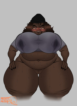 anthro beanie big_breasts blue_pupils blush bodily_fluids breasts brown_body clothing female genitals grumpy hair half_naked hat headgear headwear lactating mature_female nipple_outline pupils shirt slightly_chubby slightly_chubby_female solo sweat text thick_thighs topwear vulva wrinkles yellow_eyes mushmushy beware_the_shadowcatcher zed_technician_games sam_(bts) bird_dog canid canine canis domestic_dog hunting_dog mammal absurd_res hi_res