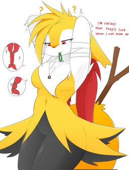 anthro bandage bandaged_arm black_body black_fur blonde_hair breasts dialogue ear_tuft eyelashes female fur hair inner_ear_fluff jewelry medium_breasts navel necklace question_mark red_eyes simple_background solo stick tail text tuft tying_hair white_background white_body white_fur yellow_body yellow_fur nakachidragon nintendo pokemon khayuri_(naka) braixen generation_6_pokemon pokemon_(species) 2026 digital_media_(artwork) english_text hi_res