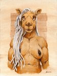 3:4 anthro black_nipples breasts camel camelid dreadlocks dromedary female fur looking_at_viewer mammal navel nipples nude scale_(artist) solo tan_body tan_fur traditional_media_(artwork)