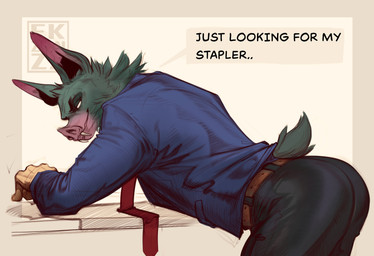 belt bent_over big_butt bottomwear butt clothing dialogue fangs for_a_head fur looking_at_viewer male necktie pants presenting presenting_hindquarters shirt simple_background solo tail talking_to_viewer teeth text topwear ekzonzz dispatch sonar_(dispatch) animal_head animal_humanoid bat humanoid hybrid mammal absurd_res english_text hi_res