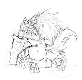 anthro anus armor backsack balls big_balls biped butt claws clothing gauntlets genitals gloves handwear headgear helmet huge_balls male melee_weapon pauldron presenting presenting_hindquarters simple_background solo sword toe_claws weapon white_background covertcanine elden_ring fromsoftware maliketh_(elden_ring) canid canine canis mammal wolf 2022 digital_media_(artwork) hi_res monochrome sketch