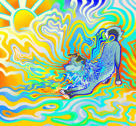 4_toes abstract_background blue_body blue_markings blue_nose colorful_background eyes_closed feet feral markings psychedelic raised_tail solo stretching sun tail toes 0ceancoast canid canine canis domestic_dog mammal hi_res