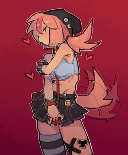 beanie black_bottomwear black_clothing black_skirt bottomwear bra breasts clothed clothed_female clothing crop_top female fingers front_view hair hat headgear headwear heart_symbol looking_at_viewer midriff one_thigh_high pink_hair pose red_background shirt simple_background skirt sleeveless_clothing solo sports_bra tail tail_motion tailwag tan_body topwear underwear karu184 tamagotchi delle_(karu184) animal_humanoid canid canid_humanoid canine canine_humanoid canis dog_humanoid domestic_dog humanoid mammal mammal_humanoid 2023 colored detailed digital_drawing_(artwork) digital_media_(artwork) hi_res portrait three-quarter_portrait