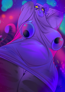 anthro bed_sheet bedding big_breasts breasts clothed clothing curvy_figure fangs female fur genitals glowing glowing_eyes googly_eyes hair hands_behind_head huge_breasts low-angle_view multicolored_body multicolored_fur orange_body orange_fur slightly_chubby solo striped_body striped_fur stripes teeth thick_thighs voluptuous vulva white_body white_fur white_hair wide_hips yellow_eyes buxbi buxbi_(character) felid mammal pantherine tiger 2025 signature