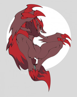 3_claws 3_toes ambiguous_gender anthro bent_legs chest_fur claws facial_markings featureless_crotch feet fur green_eyes grey_background grey_body grey_fur hair head_markings low-angle_view markings open_mouth open_smile pose red_hair sharp_teeth simple_background small_waist smile solo spread_legs spreading teeth toes nextel nintendo pokemon generation_5_pokemon pokemon_(species) zoroark 2025 alternate_version_at_source digital_media_(artwork) hi_res signature
