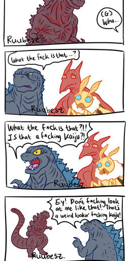 ambiguous_gender angry barefoot claws close-up dialogue ellipsis exclamation_point fangs feet female feral gesture hand_gesture horn humor male narrowed_eyes open_mouth parody pointing question_mark sharp_teeth squint teeth text tongue wings yelling ruubeszdraws godzilla_(series) monsterverse mothra_(series) toho doughegoji godzilla mothra rodan_(toho) arthropod insect kaiju lepidopteran monster moth prehistoric_species pteranodon pteranodontid pterosaur reptile scalie comic english_text hi_res meme