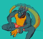 anthro blue_body bottomwear brushing_feet clothed clothing fangs front_view grey_horn horn male open_mouth pupils red_bottomwear red_clothing scales sitting slit_pupils solo teeth topless yellow_body yellow_scales 0ct0m0n0 mythology dragon mythological_creature mythological_scalie scalie hi_res