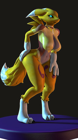 3_fingers 3_toes anthro big_breasts black_sclera blue_eyes breasts claws cleavage clothed clothed_anthro clothed_female clothing digitigrade feet female fingers fluffy fluffy_tail fur gold_(metal) gold_jewelry gold_necklace hand_on_butt hand_on_leg hand_on_own_butt hand_on_own_leg hand_on_own_thigh hand_on_thigh jewelry looking_at_viewer multicolored_body multicolored_ears multicolored_fur multicolored_tail navel necklace pose smile smiling_at_viewer solo tail thick_thighs toes white_body white_fur yellow_body yellow_fur thevestige warfaremachine_(modeler) bandai_namco digimon warfare_renamon canid canine digimon_(species) fox mammal renamon 3d_(artwork) 9:16 digital_media_(artwork) hi_res pinup source_filmmaker_(artwork)