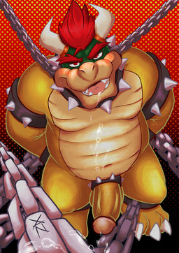 anthro balls bdsm belly blush bound chain chained genitals male overweight overweight_anthro overweight_male penis solo vandroiy bowser_day mario_bros nintendo bowser koopa scalie 2020 hi_res