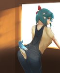 2020 anthro blue_eyes butt cetacean clothing female genitals green_hair growth hair hi_res kaneru leaning leaning_forward looking_at_viewer mammal marine open_mouth pussy raaggu solo tail tail_growth torn_clothing transformation window