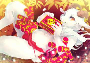 anthro asian_clothing cheek_tuft clothing east_asian_clothing facial_tuft femboy fundoshi fur head_tuft horn japanese_clothing leaf looking_at_viewer male panties red_clothing red_fundoshi red_underwear solo tuft underwear white_body white_fur yellow_eyes kane780302 bovid caprine goat mammal 2015 digital_media_(artwork)