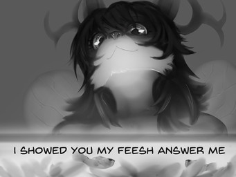 anthro antlers caption dialogue female feral hair horn looking_at_viewer smile solo text wings general-irrelevant please_respond snapchat mits_(character) aquatic fish hybrid 4:3 english_text meme monochrome