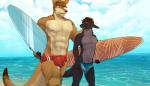 abs anthro beach biceps big_bulge big_muscles black_body black_fur blue_eyes brown_body brown_fur brown_hair brown_nose bulge claws clothed clothing duo fur grey_body grey_eyes grey_fur hair hand_on_head male muscular nipples open_mouth outside patting pecs sea seaside size_difference smile standing stripes surfboard swimming_trunks swimwear tail teeth tongue topless vehicle water watercraft fasttrack37d mythology scott_(fasttrack37d) sovy dragon furred_dragon furred_scalie kangaroo macropod mammal marsupial mythological_creature mythological_scalie reptile scalie 2015