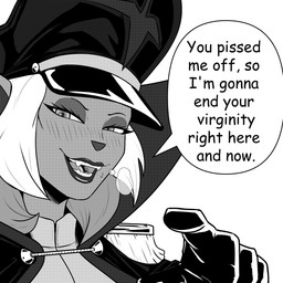 anthro clothed clothing fangs female fur gesture hair hand_gesture hat headgear headwear lipstick looking_at_viewer makeup mature_anthro mature_female open_mouth pointing pointing_at_viewer simple_background smile solo teeth text imierbenety hanna-barbera swat_kats turmoil_(swat_kats) domestic_cat felid feline felis mammal 1:1 2023 digital_drawing_(artwork) digital_media_(artwork) english_text greyscale hi_res meme monochrome
