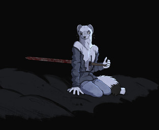 anthro barefoot beady_eyes black_background black_tail_tip blood bodily_fluids claws dipstick_tail eye_scar facial_scar feet fur gore holding_melee_weapon holding_object holding_sword holding_weapon male markings melee_weapon scar simple_background sitting sitting_on_ground solo sword sword_in_body tail tail_markings weapon white_body white_fur garbagegarage mammal mustelid musteline stoat true_musteline weasel