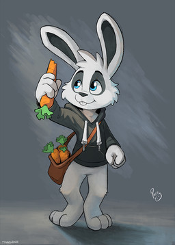 anthro black_clothing black_hoodie black_nose black_topwear blue_eyes bottomless carrot cheek_tuft clothed clothing facial_tuft featureless_crotch food front_view fur glistening glistening_eyes holding_carrot holding_food holding_object holding_vegetable hoodie knee_tuft leg_tuft logo looking_up male mouth_closed plant solo standing teeth topwear tuft vegetable white_body white_fur young young_anthro young_male pandapaco lagomorph leporid mammal rabbit artist_logo full-length_portrait hi_res portrait signature