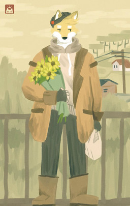 anthro beanie boots bottomwear bouquet building clothing coat detailed_background eyebrows_(marking) fingerless_gloves flower footwear fur gloves groceries handwear hat headgear headwear holding_object hoodie house looking_aside male multicolored_body multicolored_fur pants plant pointy_ears shoes snout solo sunflower topwear tree two_tone_body two_tone_fur w0lfi unnamed_character canid canine mammal digital_media_(artwork) digital_painting_(artwork) full-length_portrait hi_res painting_(artwork) portrait