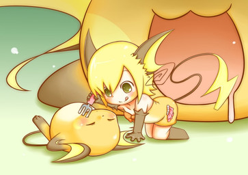 blonde_hair chibi clothed clothing cutlery eyes_closed female feral fork green_eyes group hair human_prey kitchen_utensils lying on_back simple_background tools toony vore rairai-no26-chu nintendo pokemon animal_humanoid generation_1_pokemon human humanoid mammal pokemon_(species) raichu rodent