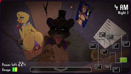 anal anal_masturbation anal_penetration anthro areola beak big_breasts big_butt black_sclera breasts brown_body brown_fur butt camera_view closet clothing darkened_areola darkened_nipples dildo dildo_insertion feathers female fishnet_clothing fishnet_legwear fur fuzzboob_location gameplay_mechanics legwear looking_at_viewer masturbation nipples orange_beak penetration sex_toy sex_toy_insertion stockings text tongue tongue_out yellow_body yellow_feathers glazed_(artist) five_nights_at_freddy's scottgames chica_(fnaf) freddy_(fnaf) avian bear bird chicken galliform mammal phasianid english_text