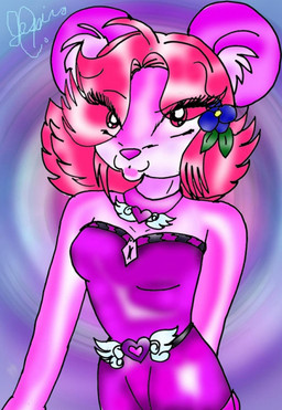 anthro breasts clothing dress female hair heart_necklace jewelry medium_breasts necklace pink_body pink_skin purple_clothing purple_dress red_eyes red_hair solo keppokeppo genbaku mammal mouse murid murine rodent archived_source