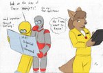 ambiguous_gender anthro black_nose brown_body brown_fur brown_hair clothing dialogue female fur group hair holding_object inner_ear_fluff looking_back machine simple_background text thought_bubble tuft white_background yellow_clothing starfighter freefall_(webcomic) dvorak_(freefall) florence_ambrose qwerty_(freefall) bowman's_wolf canid canine canis mammal red_wolf robot wolf 2013 english_text