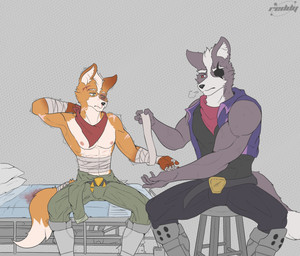 abs anthro bandage biceps blood bodily_fluids bruised clothed clothing duo eye_patch eyewear male male/male muscular muscular_male nosebleed pecs topless reddydoodle nintendo star_fox fox_mccloud wolf_o'donnell canid canine canis fox mammal wolf hi_res