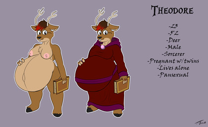 anthro antlers belly big_belly buckteeth cloak clothed clothing eyewear fur gem glasses hair highlights_(coloring) horn huge_belly hyper hyper_belly jewelry magic_book magic_user male moobs navel nipples nude pregnant pregnant_anthro pregnant_male red_hair robe simple_background smile solo teeth text tuffthecat theodore_(tuffthecat) deer mammal new_world_deer english_text hi_res
