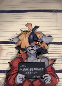 anthro bodily_fluids clothing crying femboy frown hair jacket looking_at_viewer makeup male mascara messy_clothing messy_hair mugshot multicolored_hair roughed_up running_makeup running_mascara runny_nose sad tears text topwear two_tone_hair pajamamcham jaspar_(pajamamcham) domestic_cat felid feline felis mammal