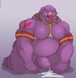 anthro bodily_fluids cum feet foreskin genital_fluids genitals humanoid_genitalia humanoid_penis jewelry kneeling looking_at_viewer male moobs musclegut muscular muscular_male necklace nude overweight penis purple_body simple_background solo tongue tongue_out tusks tylerstark princess_knight_catue pig_man_(princess_knight_catue) domestic_pig mammal suid suine sus_(pig) hi_res