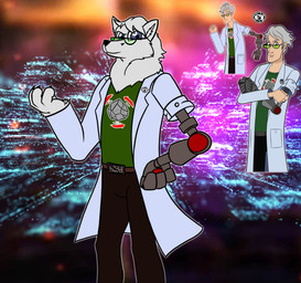 alternate_species anthro blue_eyes clothing coat eyewear fluffy glasses lab_coat looking_at_viewer male scientist topwear taurock death_battle wizard_(death_battle) arctic_fox canid canine fox mammal true_fox absurd_res hi_res