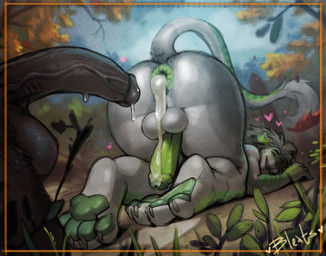 anthro anus ass_up big_butt big_penis bodily_fluids butt cum cum_drip cum_in_ass cum_inside disembodied_penis dripping duo foreskin genital_fluids genitals green_anus green_pawpads green_penis heart_symbol humanoid_genitalia humanoid_penis leaking_cum male male/male nature pawpads penis presenting presenting_hindquarters tail tail_tuft tuft bleats mojito_(novusnova) felid lion mammal pantherine hi_res