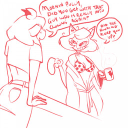 anthro breasts cleavage clothed clothing clown_makeup container cup dialogue duo ear_piercing female hair horn makeup messy_hair mug piercing polka_dots robe running_makeup short_hair speech_bubble text bbravaa kimmy_(bbravaa) polly_(bbravaa) deer felid mammal 1:1 hi_res