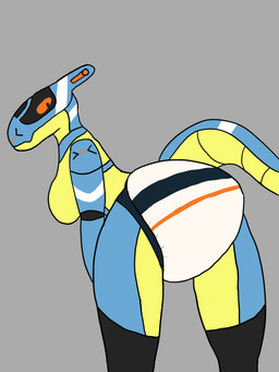 anthro blue_body clothed clothing diaper diaper_fetish diaper_only female looking_at_viewer looking_back topless wearing_diaper yellow_body paddedsynth elise_(paddedsynth) synth_(vader-san) 3:4 hi_res
