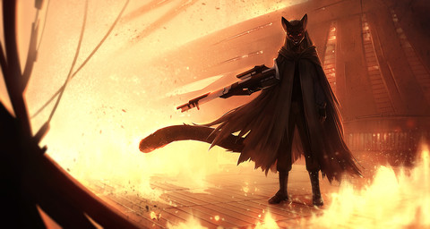 anthro burning clothed clothing detailed_background female future gun holding_gun holding_object holding_ranged_weapon holding_weapon looking_at_viewer ranged_weapon red_eyes weapon andyd domestic_cat felid feline felis mammal 2018 digital_media_(artwork)