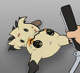 abuse blood bodily_fluids crying first_person_view gore human_pov pov_hands sad scared stapled_body stapler staples stuffing tears torture poofythedragon nintendo pokemon generation_7_pokemon human mammal mimikyu pokemon_(species) absurd_res hi_res
