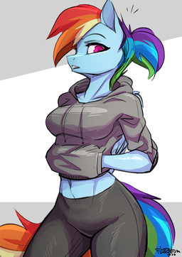 anthro athletic blue_body blue_fur bottomwear breasts clothing eyebrows eyelashes feathered_wings feathers female fur hair hand_in_pocket hoodie midriff multicolored_hair navel pants pink_eyes pockets ponytail rainbow_hair slim solo standing topwear wings yoga_pants fidzfox friendship_is_magic hasbro my_little_pony mythology rainbow_dash_(mlp) equid equine mammal mythological_creature mythological_equine pegasus 2025 hi_res